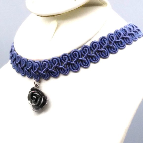 Macrame Blue Ribbon Choker with Silver Tone Rose Pendant, Gimp Trim Victorian - Picture 3 of 4